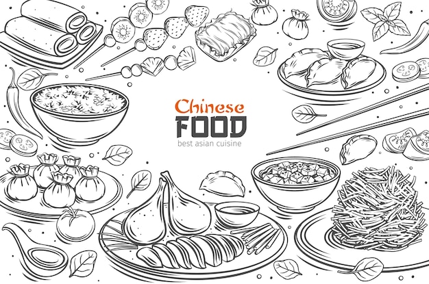 Chinese cuisine menu layout asian food outline illustration