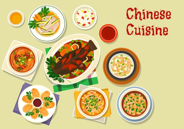 Vector chinese cuisine oriental dishes with sticky rice