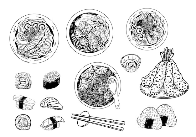 Chinese cuisine outline icon set Asian food engraved monochrome vector illustration