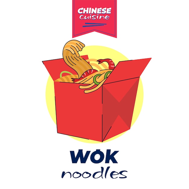 Vector chinese cuisine wok box banner concept china national noodle dish meal in red paper package asian