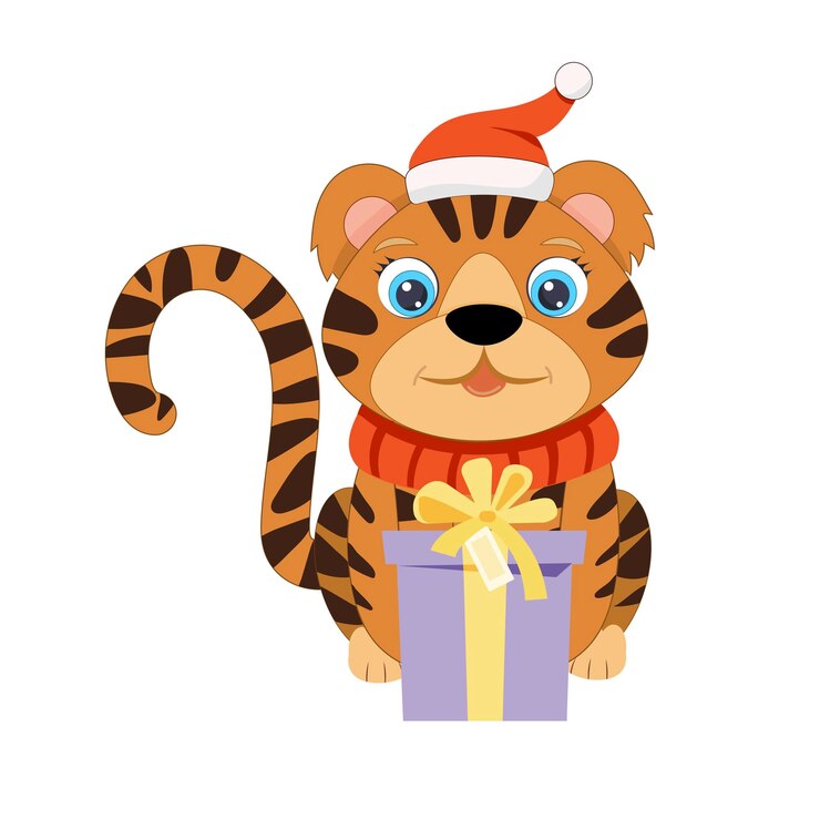 Вектор китайские милые маленькие символы тигра с подарочной коробкой happy wildcat vector плоская рисованная каракули