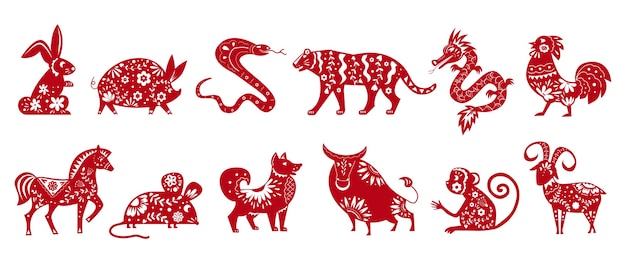 Chinese dierenriem dieren symbolen geïsoleerd op wit set van illustraties