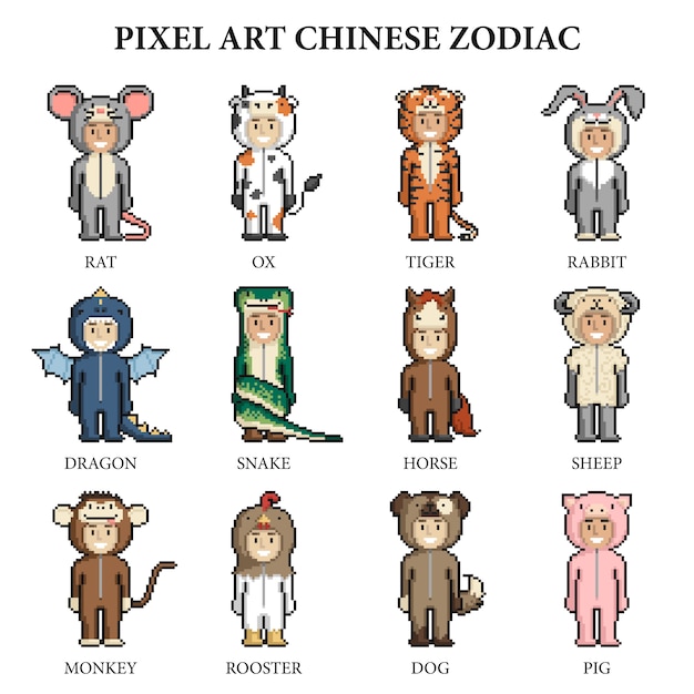 Chinese dierenriem set. cute cartoon kinderen in dierlijke kostuums in pixel art stijl