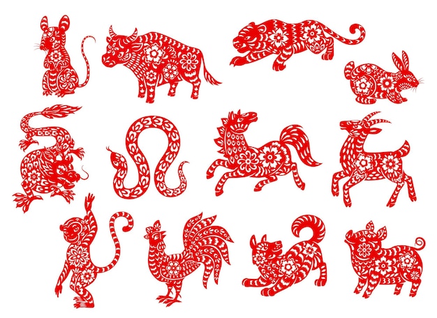 Vector chinese dierenriemhoroscoop dieren van rode papercut