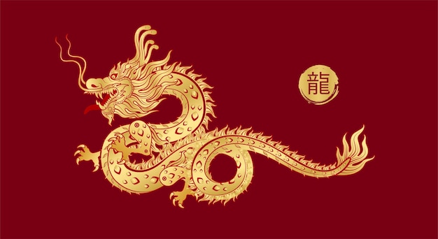 Vector chinese draak goud modern bloemenpatroon geïsoleerd op rode achtergrond voor kaartontwerp gedrukte media china maankalender dier gelukkig chinees nieuwjaar 2024 vector eps 10 vertaling draak