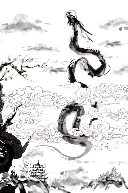 Vector chinese dragon watercolor ink painting in the sky 3