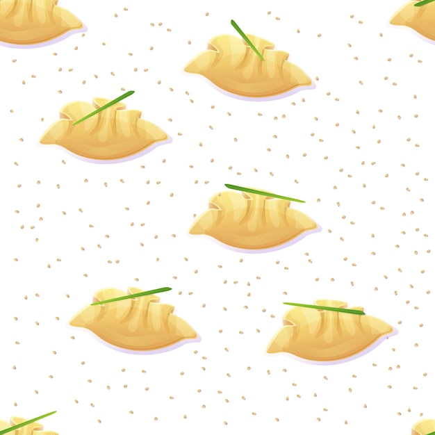 Modello senza cuciture jiaozi di gnocchi cinesi. illustrazione di cibo asiatico in stile cartone animato