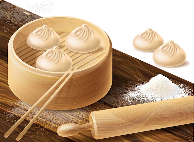 Chinese dumplings or xiao long bao in bamboo steamer