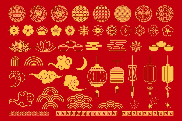 Chinese elements Asian gold Chinese and Japanese New Year element collection