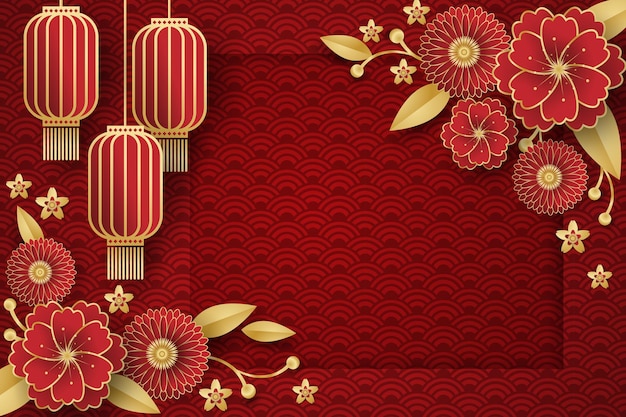 붉은 패턴 배경에 등불과 붉은 꽃 가지가 있는 중국 축제 배너 디자인