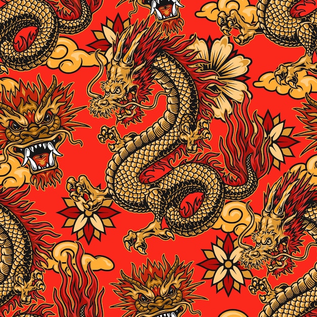 Vector chinese festive elements seamless pattern with dragons, flowers and clouds on red background