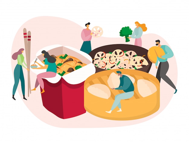 Вектор Китайская еда концепция, крошечные люди едят огромную еду, обед коробки доставки, иллюстрация