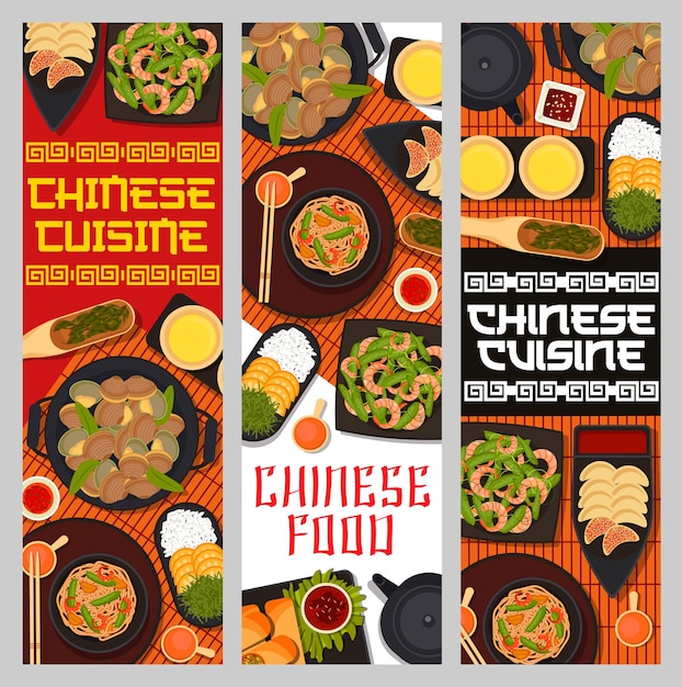 Piatti di cibo cinese, banner di vettore di cibo del ristorante