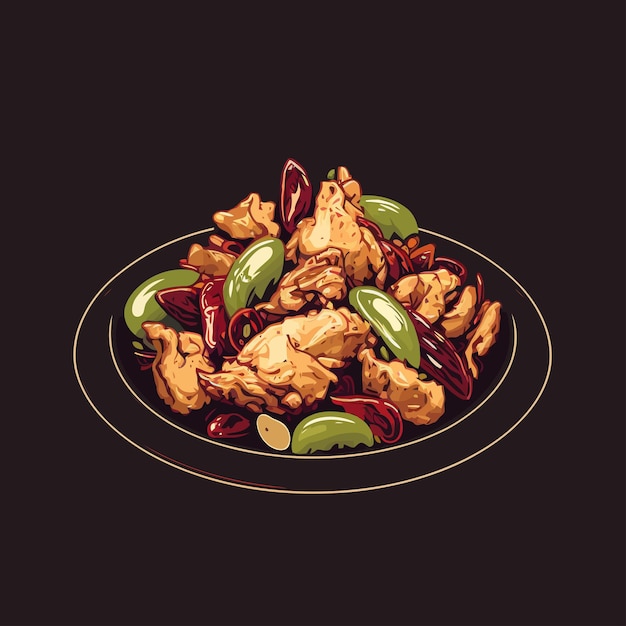 Vettore cibo cinese kung pao pollo delizioso cibo asiatico autentico isolato sfondo illustrazione vettoriale per il design del modello di poster di menu