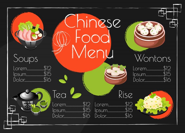 Vector chinese food menu template. asian cuisine traditional dishes. print design with cartoon icons. concept illustrations. restaurant, cafe banner, flyer brochure page with food prices layout