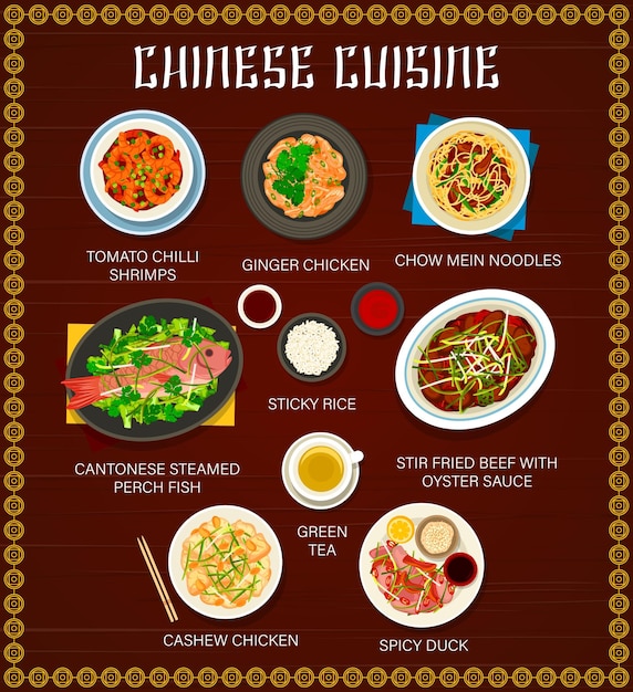 Chinese food menu with asian cuisine dishes