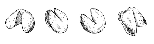 중국 포춘 쿠키 벡터 손으로 그린 세트 안에 빈 종이가 있는 바삭한 쿠키