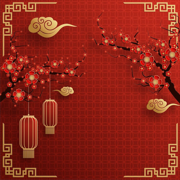 Vector chinese frame background red and gold color with asian elements