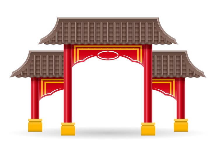 Vector chinese gate to enter a temple or pagoda with columns and a roof vector illustration isolated on background
