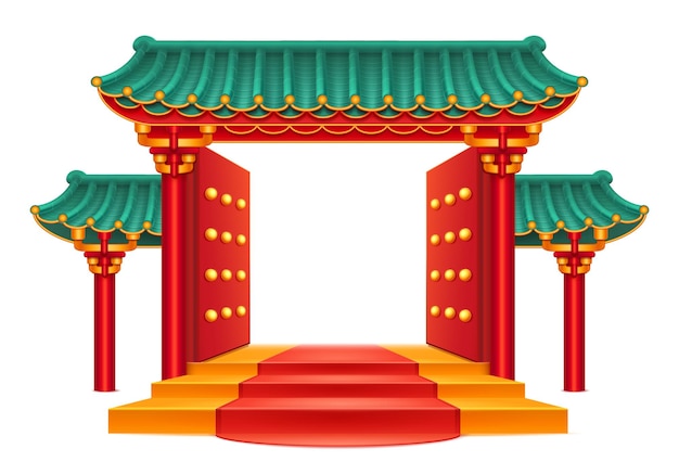 Chinese gate entrance with roof stairs isolated