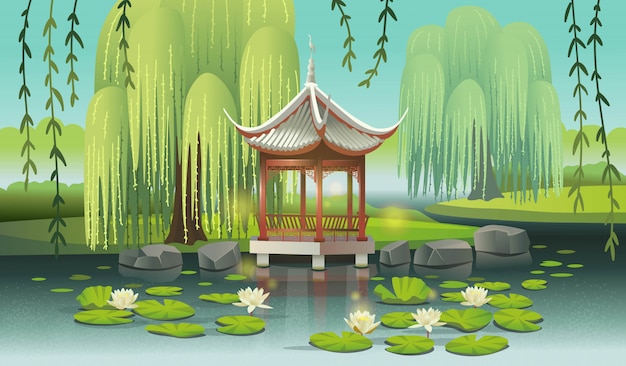 Gazebo cinese sul lago con ninfee e salici. сartoon stile illustrazione vettoriale.