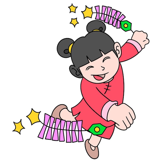 Chinese girl dancing happily carrying firecrackers during the chinese new year, doodle draw kawaii. illustration art