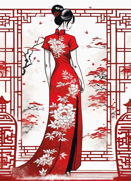 Vector chinese girl in red dress with a fanchinese girl in red dress with a fanbeautiful asian woman in chi