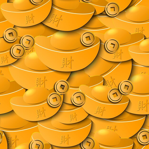 Vector chinese gold ingot and old coin seamless pattern background