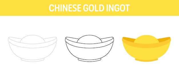 Chinese Gold Ingot tracing and coloring worksheet for kids