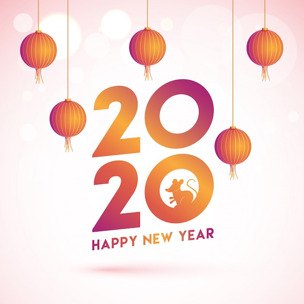 Chinese Happy New Year greeting card  with 2020 text with rat zodiac sign and hanging lanterns decorated on pink bokeh .