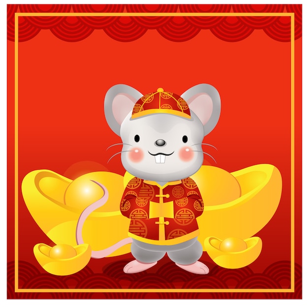 Felice anno nuovo cinese, l'anno del ratto. simpatico personaggio dei cartoni animati di ratto in un abito tradizionale cinese circondato da lingotti d'oro