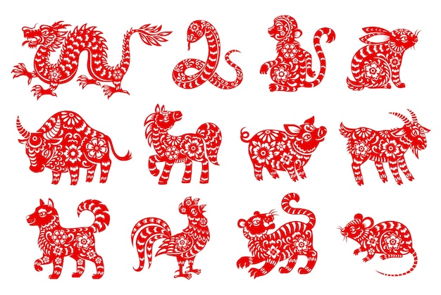 Chinese horoscope animal isolated icons with red paper cut zodiac symbols of Lunar New Year