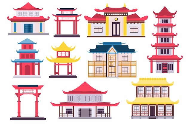Vector chinese and japanese buildings concept collection in flat cartoon design towers houses gate