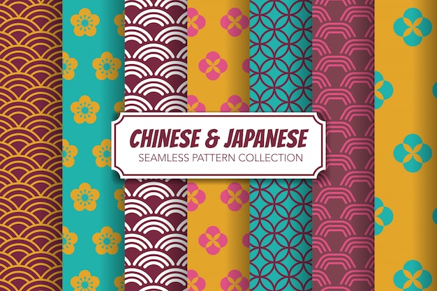 Vector chinese and japanese seamless pattern set.