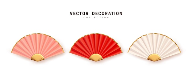 Vettore ventaglio tradizionale cinese e giapponese in carta e design 3d realistico in bambù, collezione in tre colori rosa, bianco e rosso. il set è isolato su sfondo bianco. illustrazione vettoriale