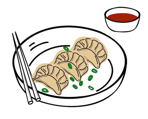 Chinese, Japanse en Koreaanse dumplings op een bord met saus. Wontons, gyoza, baozi. Handtekening.