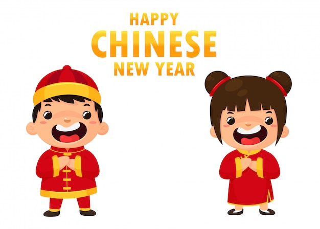 Chinese kinderen dragen nationale kostuums die groeten voor het Chinese Nieuwjaarfestival.