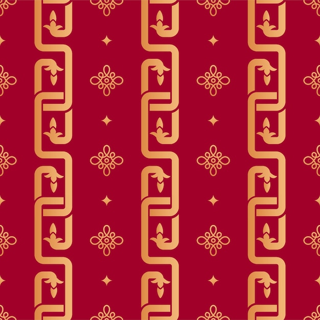 Chinese knot seamless pattern. Geometric and nodal oriental ornament with gold decorative elements