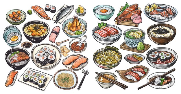 韓国料理日本料理魚肉料理ベクトルイラストセット