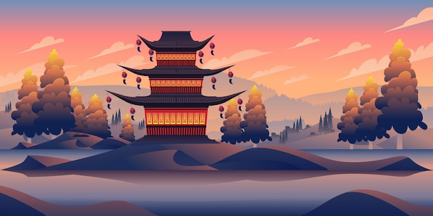 Chinese Landscape House With Lampion Cartoon Illustration For Background Cover Poster Book