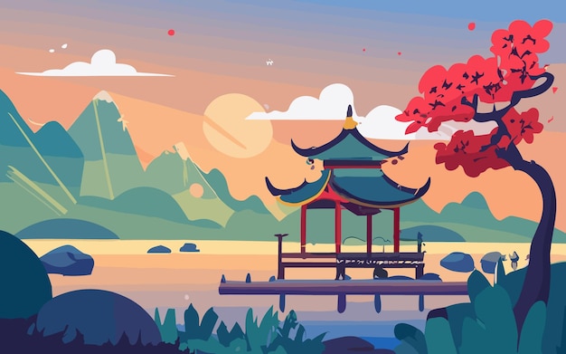 Illustrazione vettoriale del paesaggio cinese cartone animato padiglione o casa del tempio tradizionale asiatico con orie
