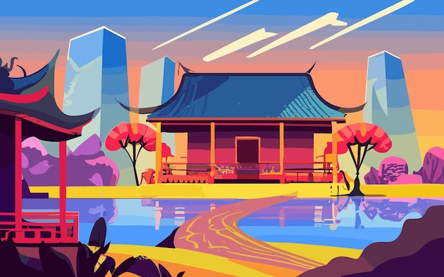 Vector chinese landscape vector illustration cartoon asian traditional temple pavilion or house with orie