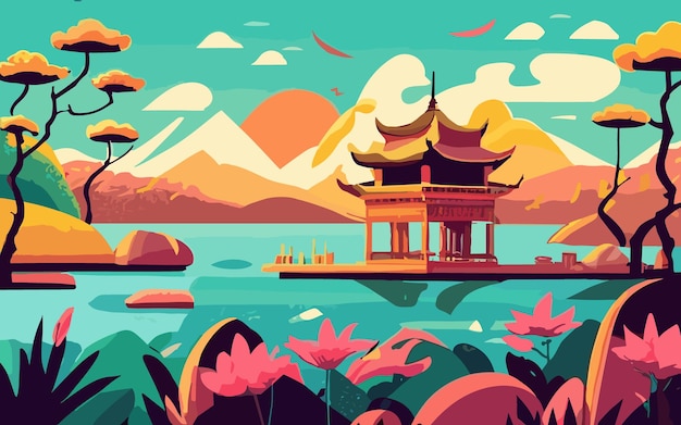 Китайская ландшафтная векторная иллюстрация Карикатура Азиатский традиционный храмовый павильон или дом с ори