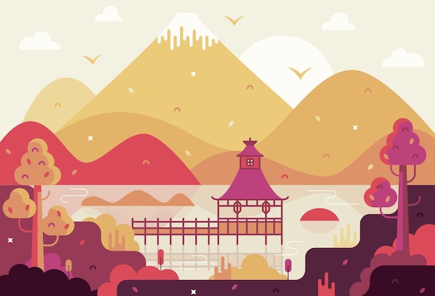chinese landscape with pagoda on lake and mountains background