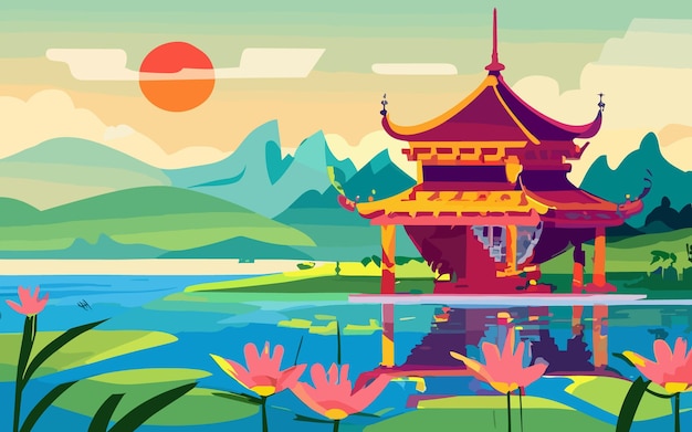 Vector chinese landschap vector illustratie cartoon aziatische traditionele tempel paviljoen of huis met orie