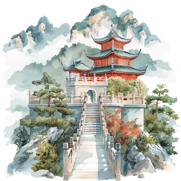 Vector chinese landschap vector illustratie in aquarel stijl