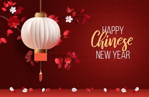 Vettore lanterna cinese e testo di saluto su uno striscione festivo