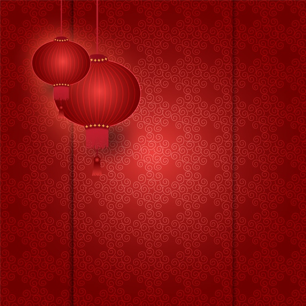 Vettore lanterna cinese che appende sul fondo di rosso del modello