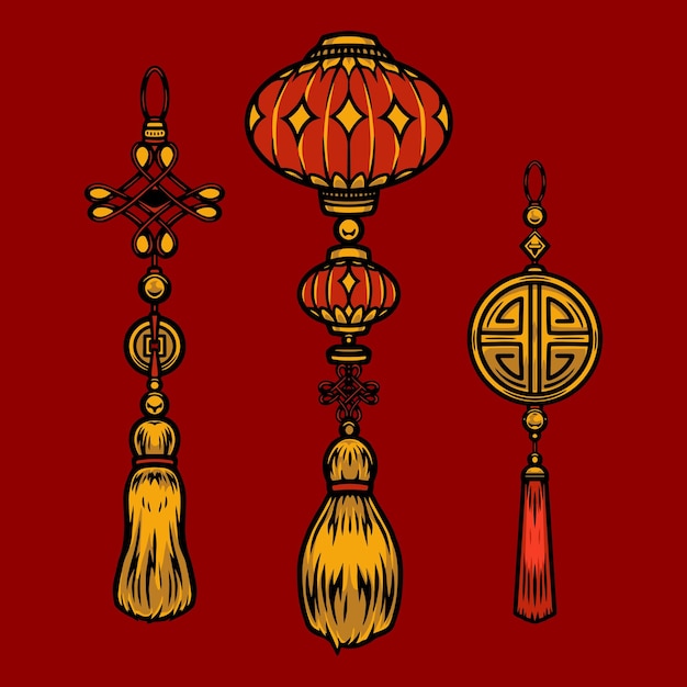 Chinese lantern and lucky pendants on red background isolated