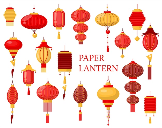 Vector chinese lantern vector set traditional lanternlight flat oriental decoration of china culture illust...